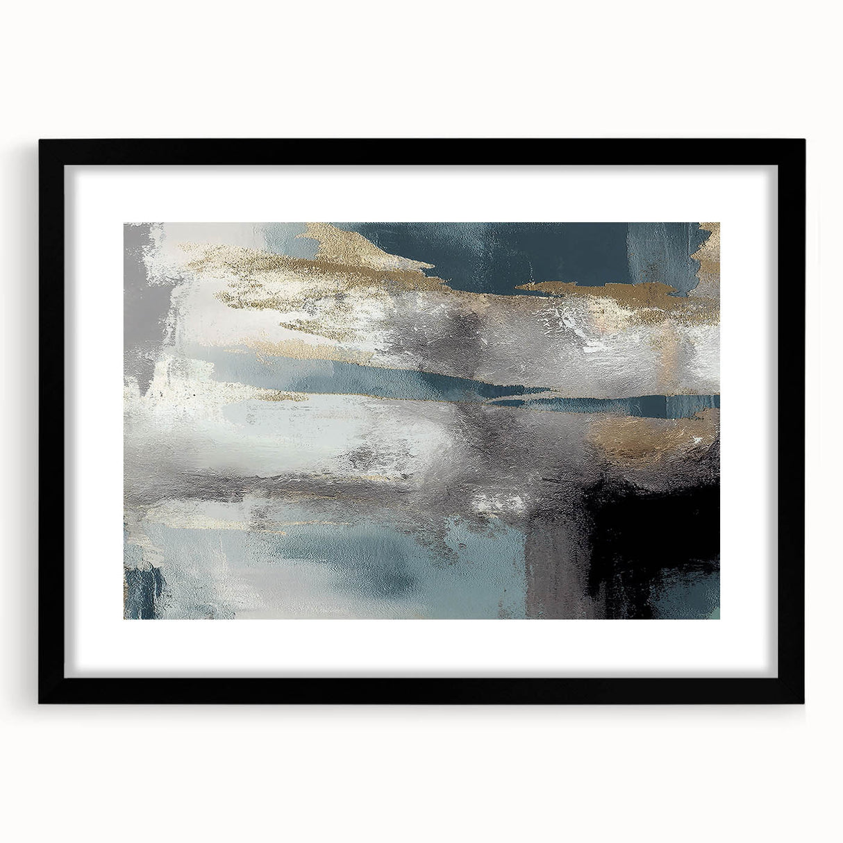 Whispers of Fog – Teal and Gray Abstract Wall Art with Gold Hues