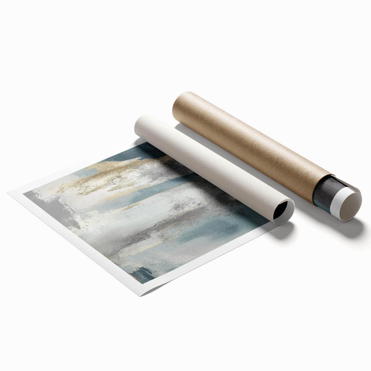 Whispers of Fog – Teal and Gray Abstract Wall Art with Gold Hues