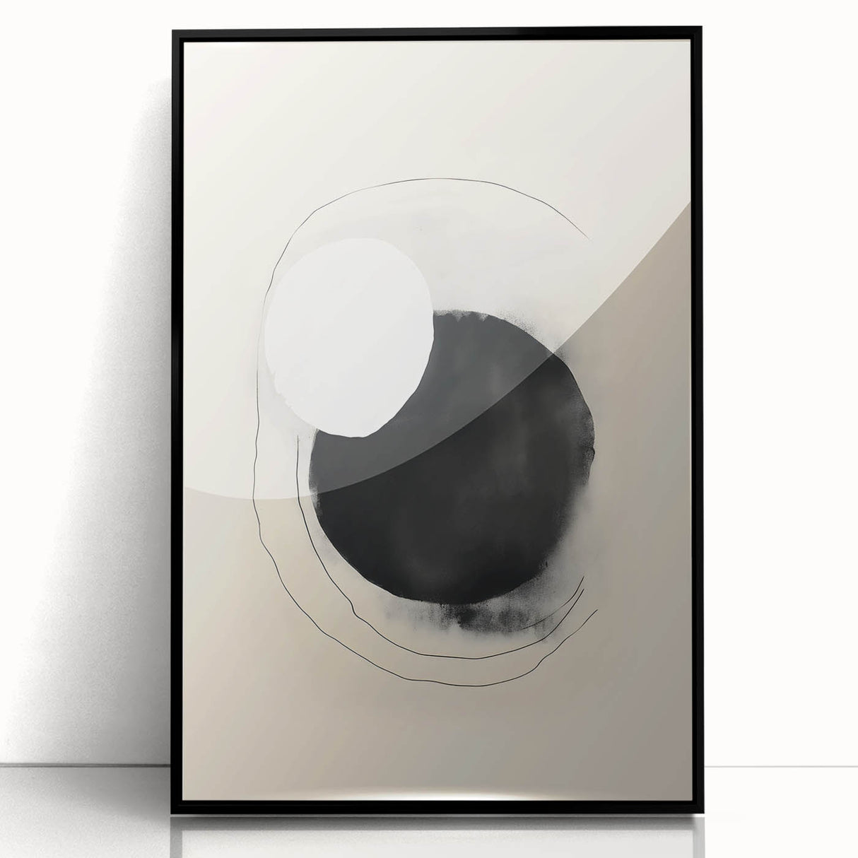 Abstract Geometric Framed Art – Minimalist Black and White Circle Print
