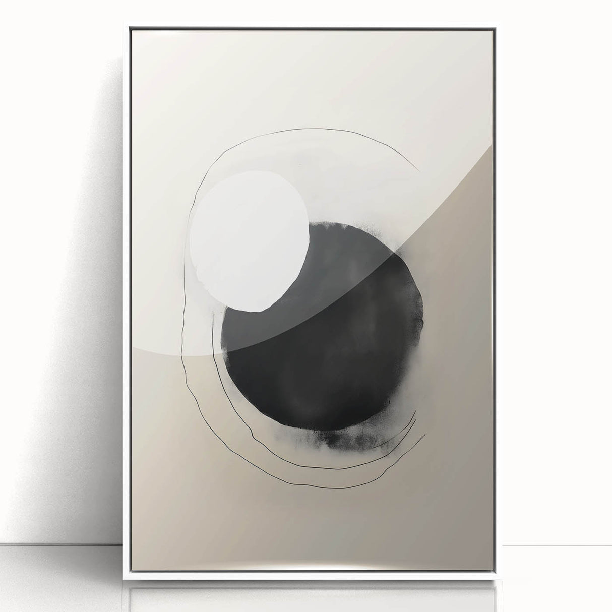 Abstract Geometric Framed Art – Minimalist Black and White Circle Print