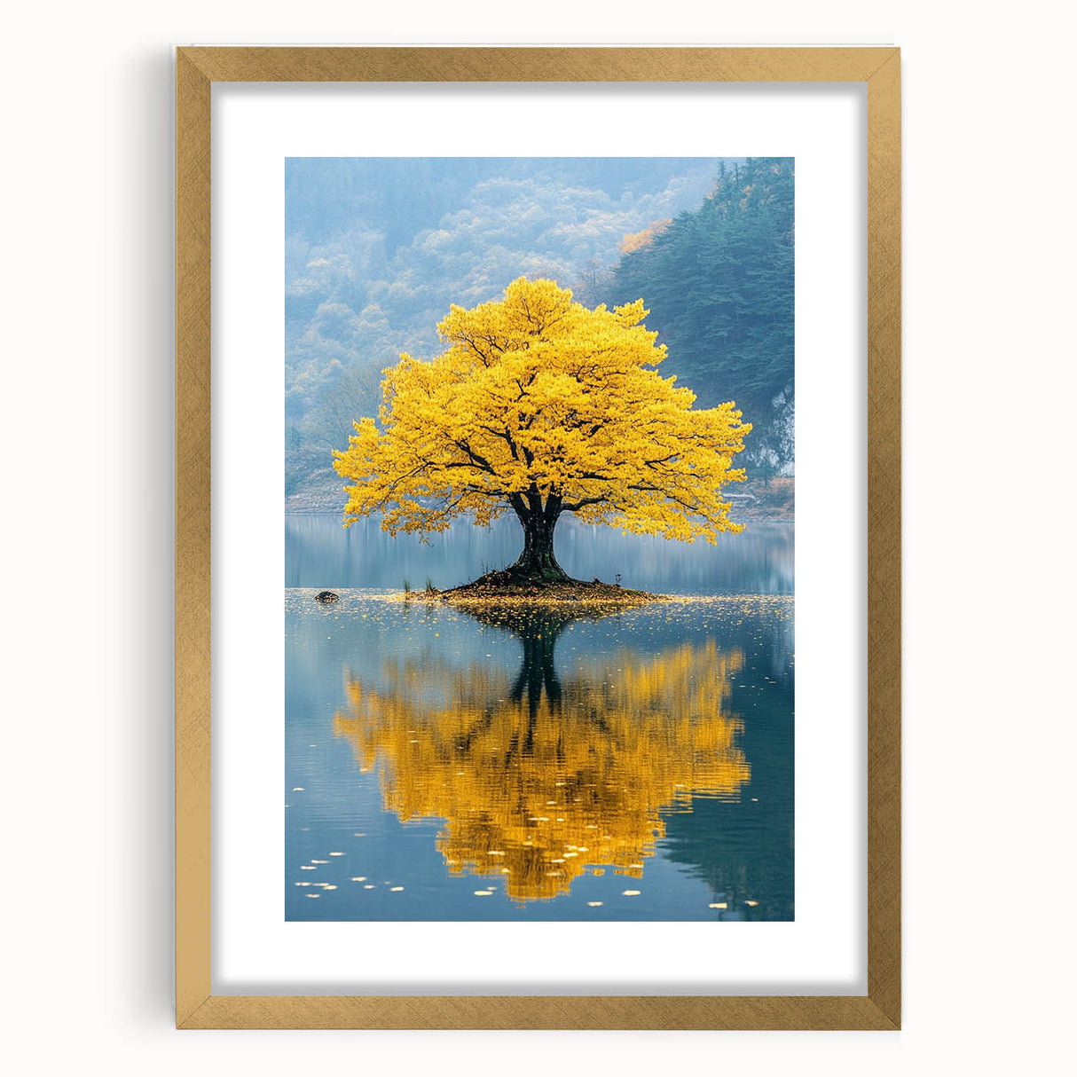 Golden Tree Reflection – Tranquil Nature Landscape Art