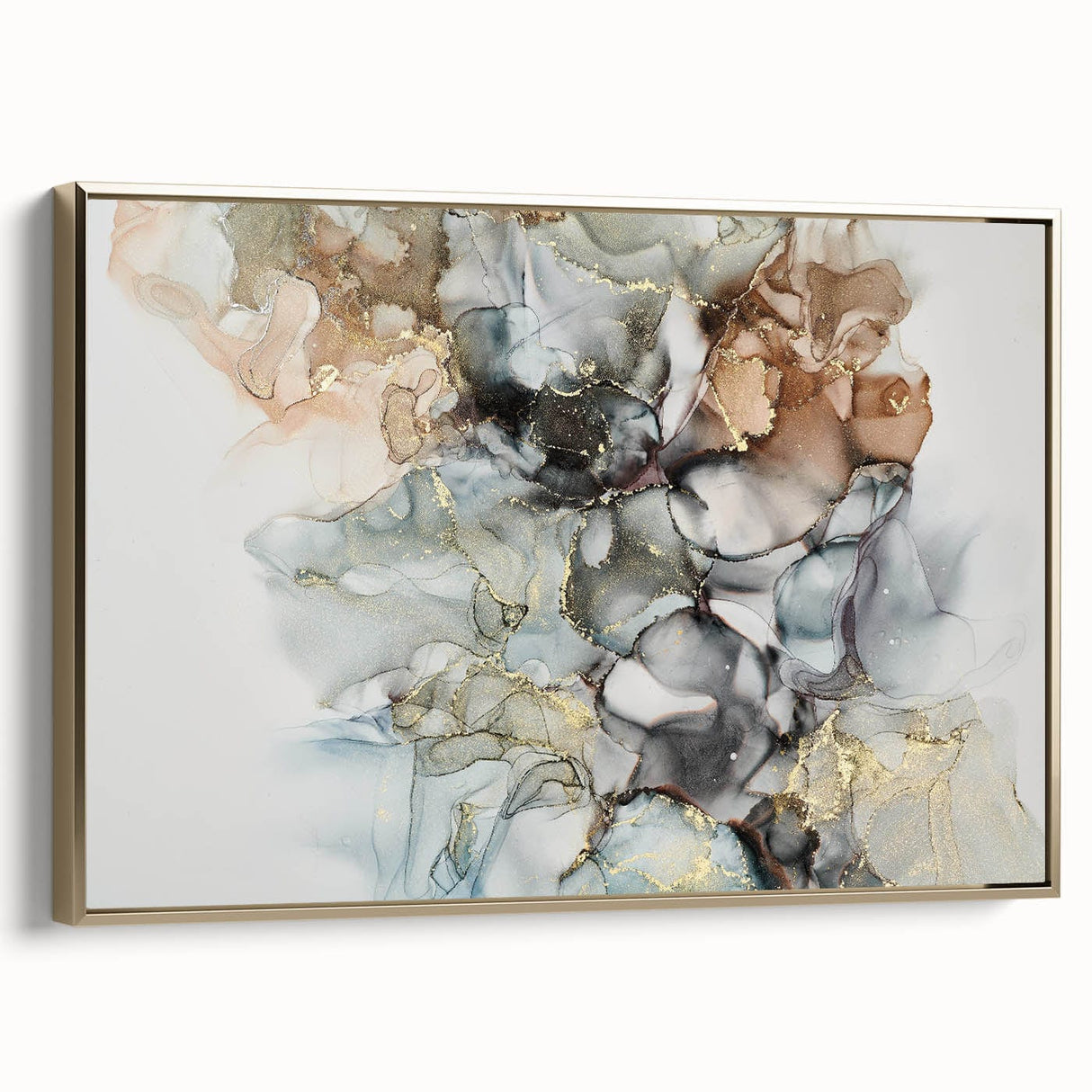 Abstract Fluid Canvas Art – Gold & Brown Marble Ink Swirls
