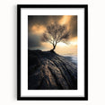 Abstract Minimalist Nature Art – Lone Tree on Rocky Cliff Print