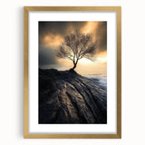 Abstract Minimalist Nature Art – Lone Tree on Rocky Cliff Print