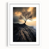 Abstract Minimalist Nature Art – Lone Tree on Rocky Cliff Print