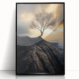 Abstract Minimalist Nature Art – Lone Tree on Rocky Cliff Print