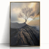 Abstract Minimalist Nature Art – Lone Tree on Rocky Cliff Print
