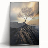 Abstract Minimalist Nature Art – Lone Tree on Rocky Cliff Print