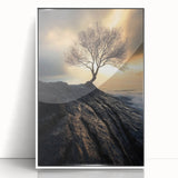 Abstract Minimalist Nature Art – Lone Tree on Rocky Cliff Print
