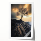 Abstract Minimalist Nature Art – Lone Tree on Rocky Cliff Print