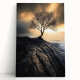 Abstract Minimalist Nature Art – Lone Tree on Rocky Cliff Print