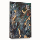 Dark Moody Modern Wall Art - Abstract Black, Teal & Gold Painting