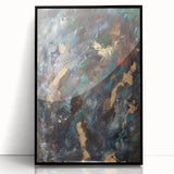 Dark Moody Modern Wall Art - Abstract Black, Teal & Gold Painting