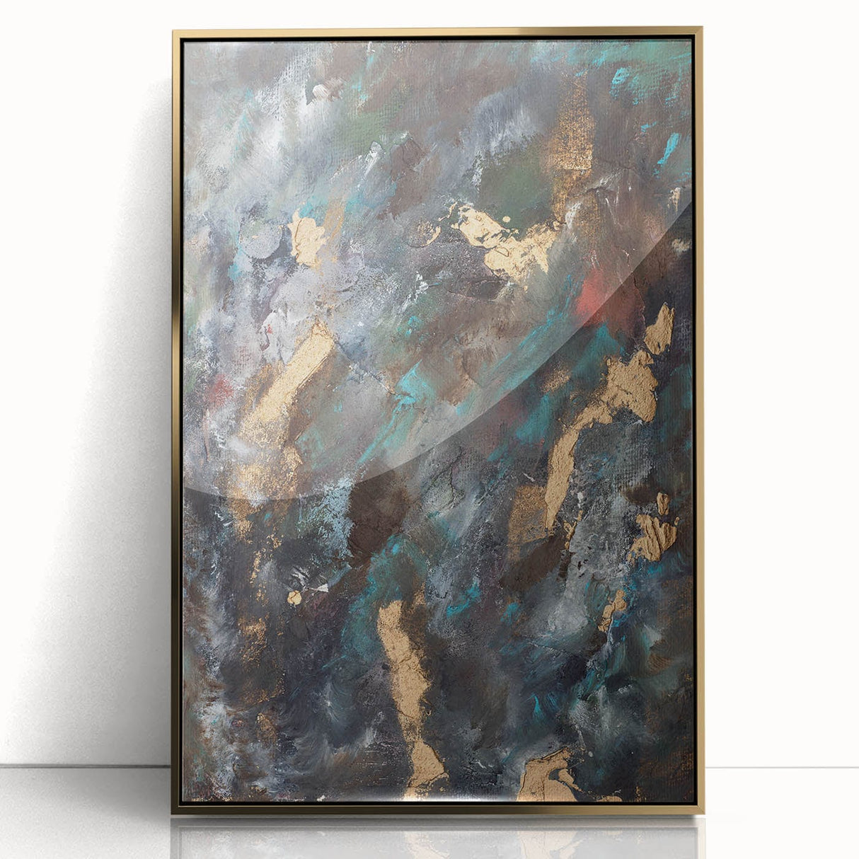 Dark Moody Modern Wall Art - Abstract Black, Teal & Gold Painting