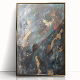 Dark Moody Modern Wall Art - Abstract Black, Teal & Gold Painting