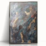 Dark Moody Modern Wall Art - Abstract Black, Teal & Gold Painting
