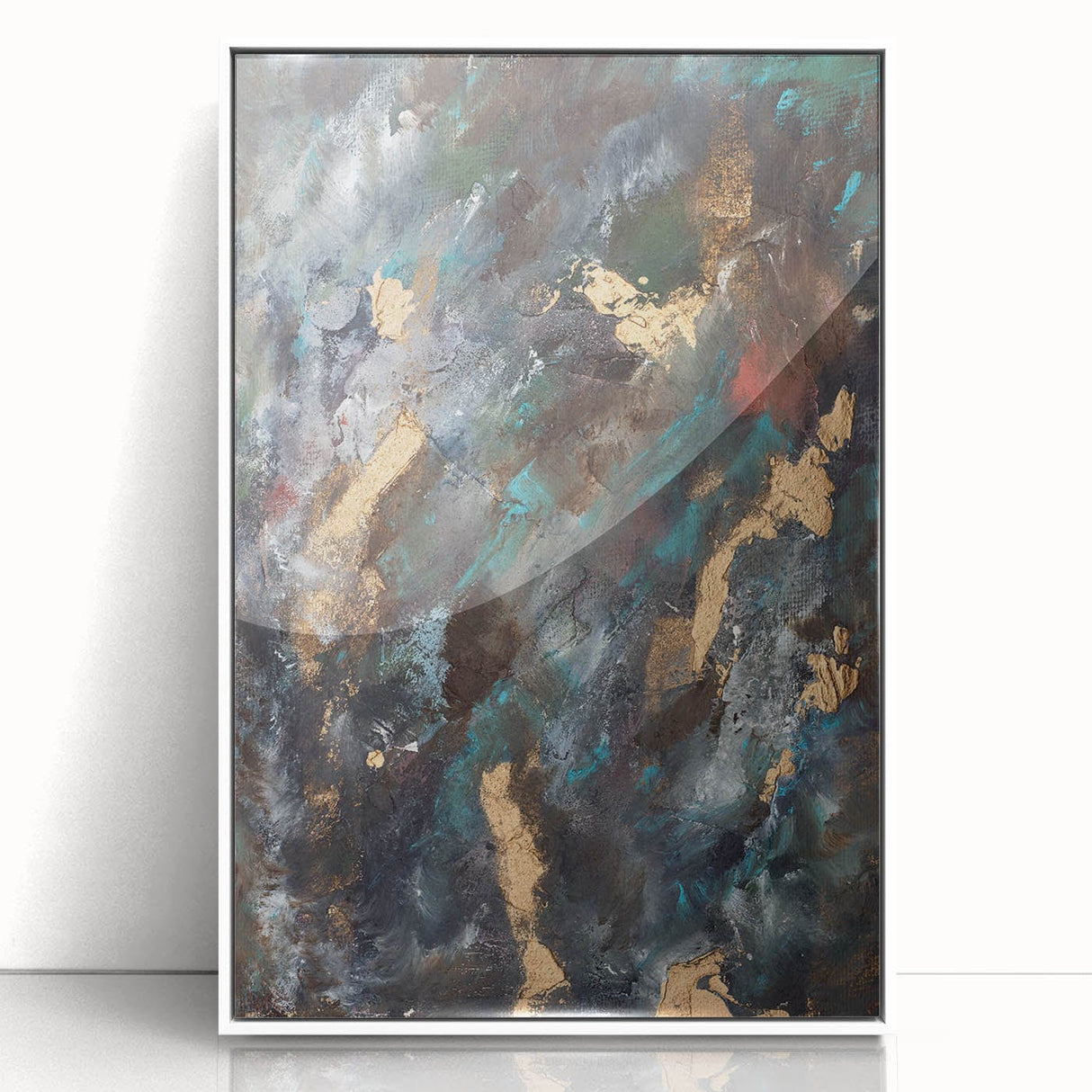 Dark Moody Modern Wall Art - Abstract Black, Teal & Gold Painting