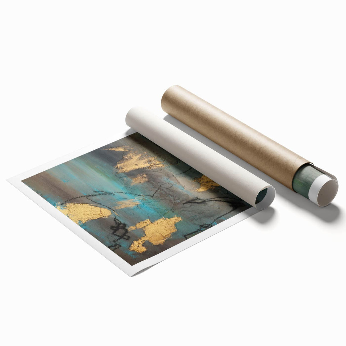 Elegant Moody Modern Wall Art - Abstract Teal, Gold & Gray Print