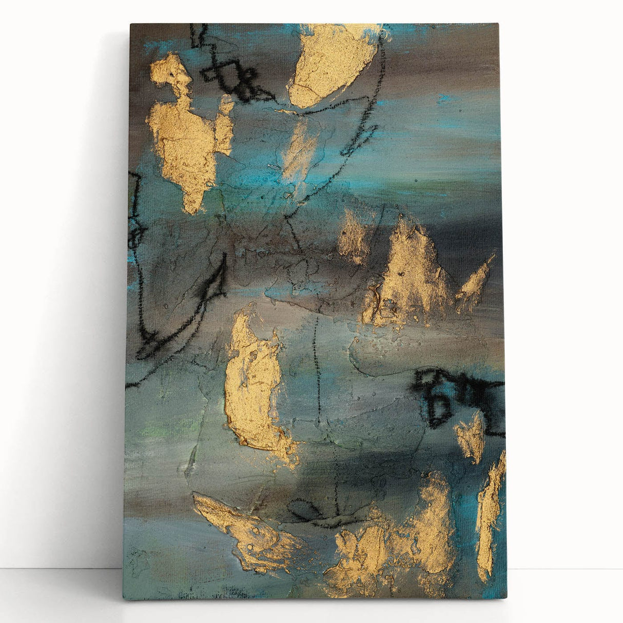 Elegant Moody Modern Wall Art - Abstract Teal, Gold & Gray Print