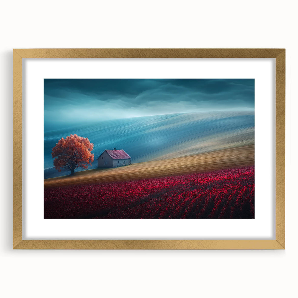Crimson Tree on Rolling Hills – Landscape Art Prints & Wall Decor