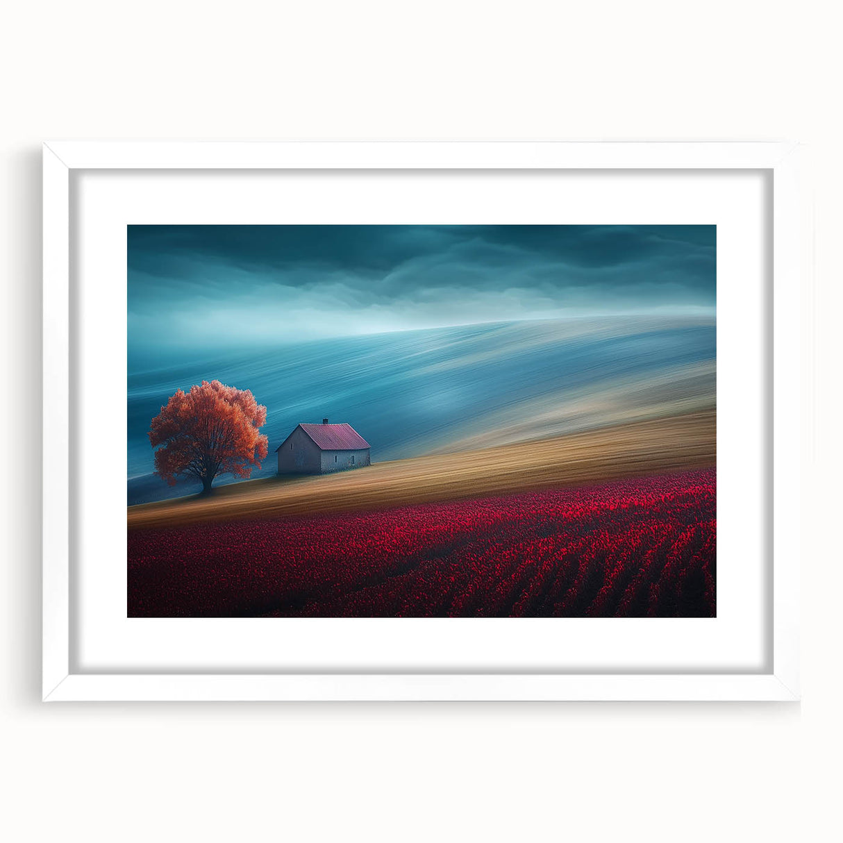 Crimson Tree on Rolling Hills – Landscape Art Prints & Wall Decor
