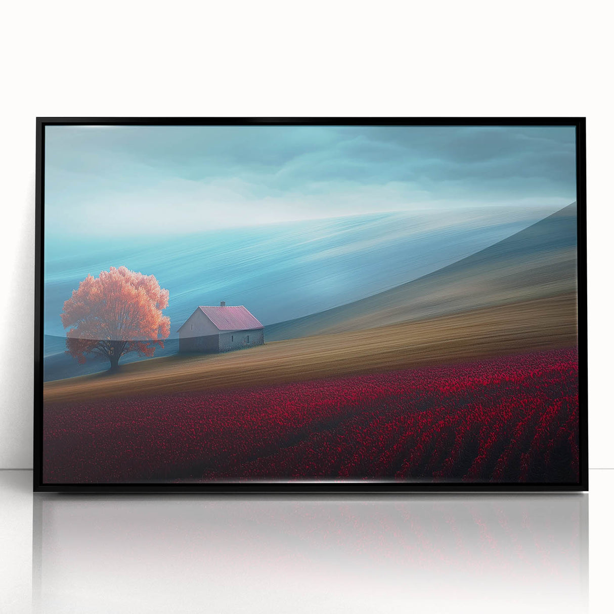 Crimson Tree on Rolling Hills – Landscape Art Prints & Wall Decor