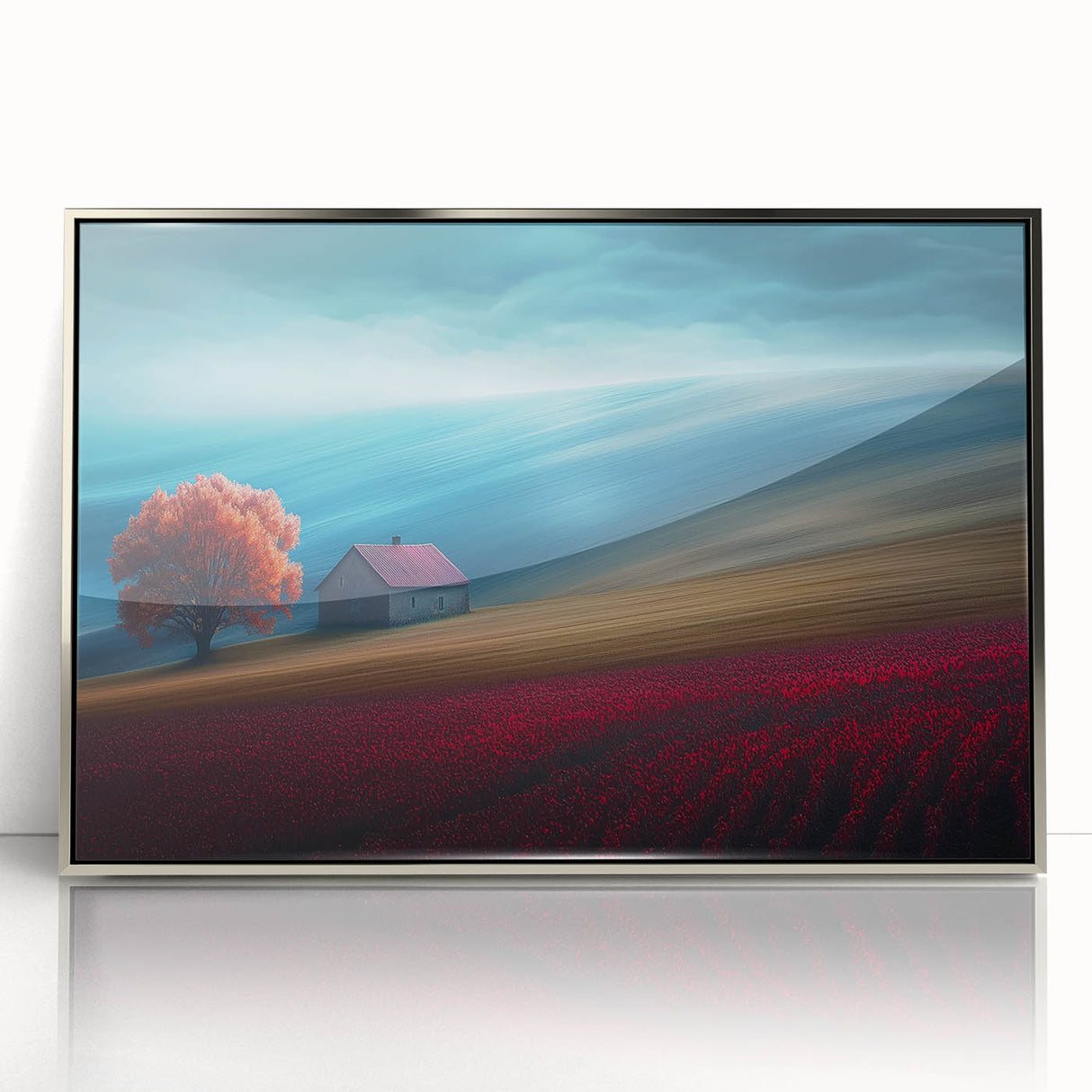 Crimson Tree on Rolling Hills – Landscape Art Prints & Wall Decor