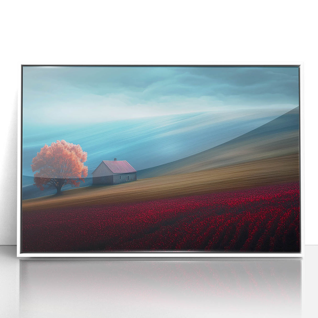 Crimson Tree on Rolling Hills – Landscape Art Prints & Wall Decor