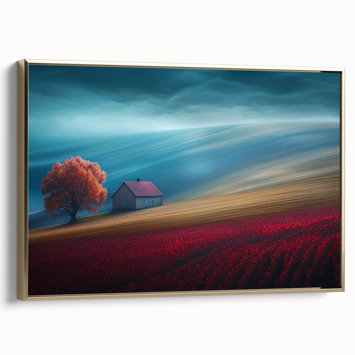 Crimson Tree on Rolling Hills – Landscape Art Prints & Wall Decor
