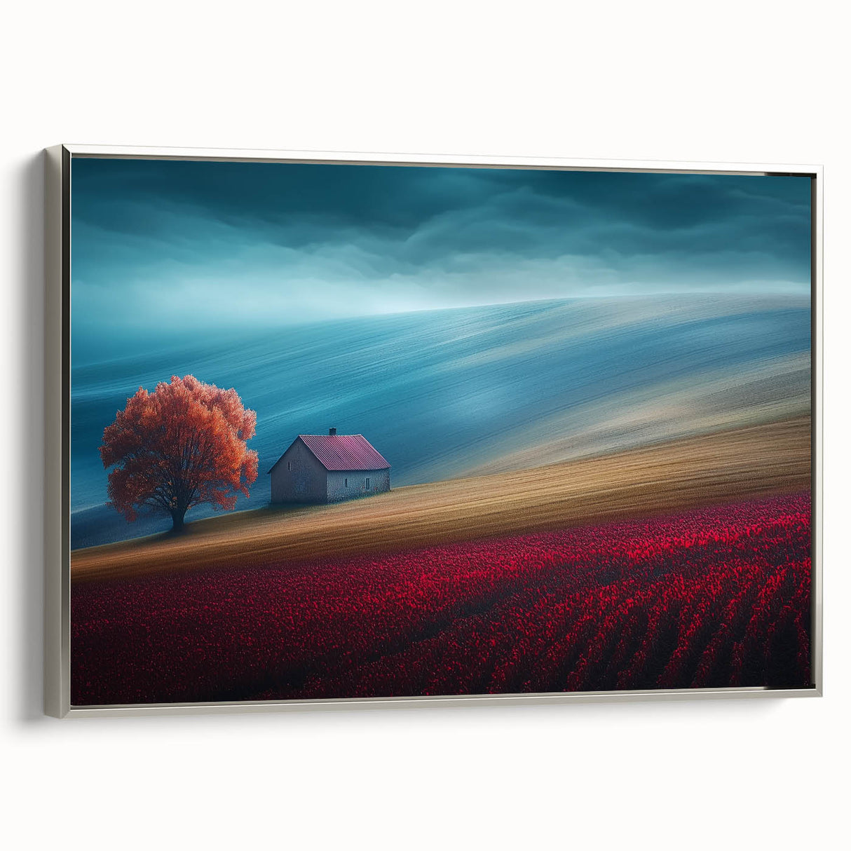 Crimson Tree on Rolling Hills – Landscape Art Prints & Wall Decor