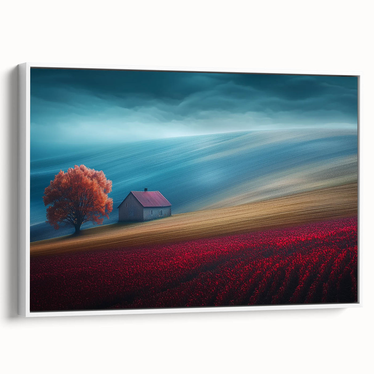 Crimson Tree on Rolling Hills – Landscape Art Prints & Wall Decor