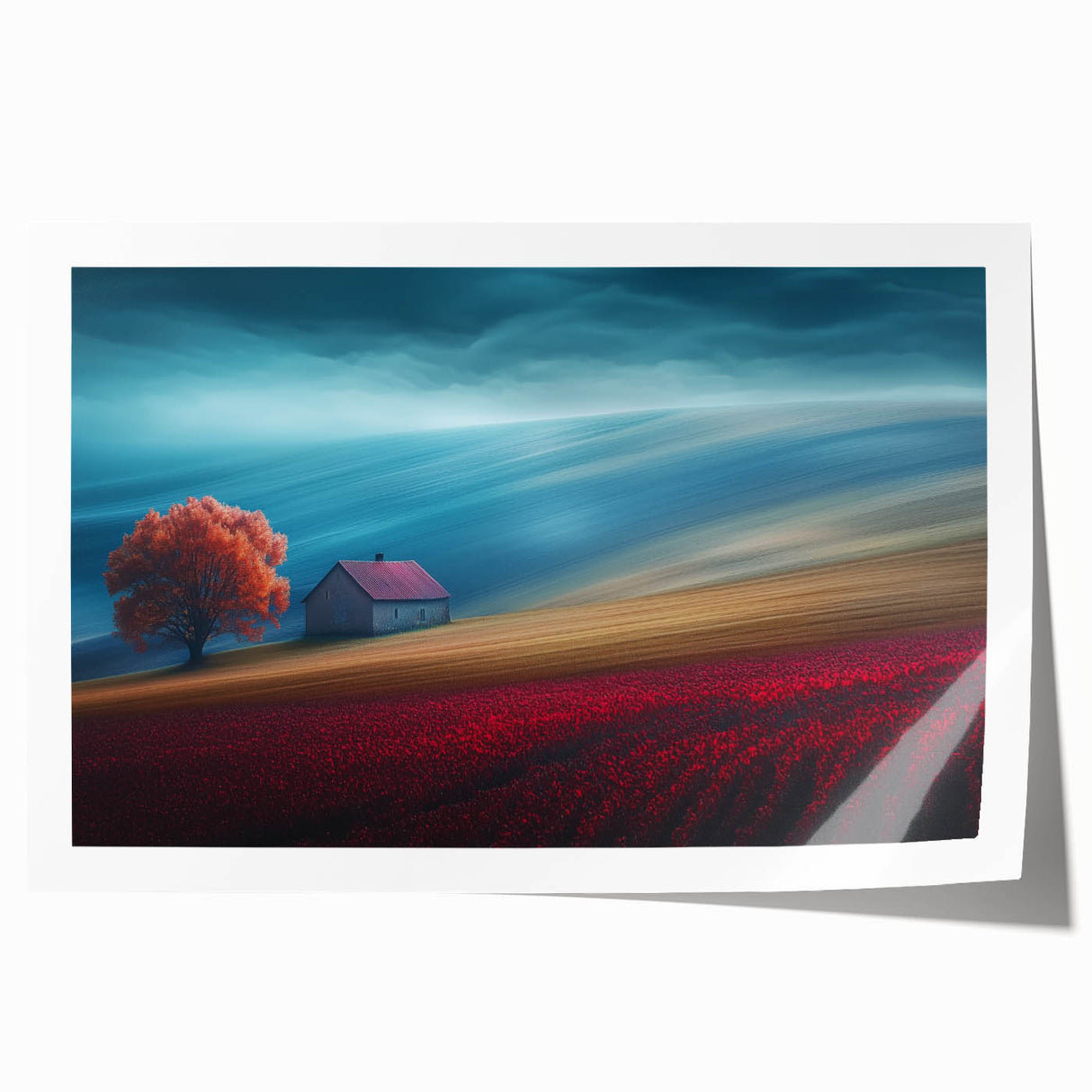 Crimson Tree on Rolling Hills – Landscape Art Prints & Wall Decor