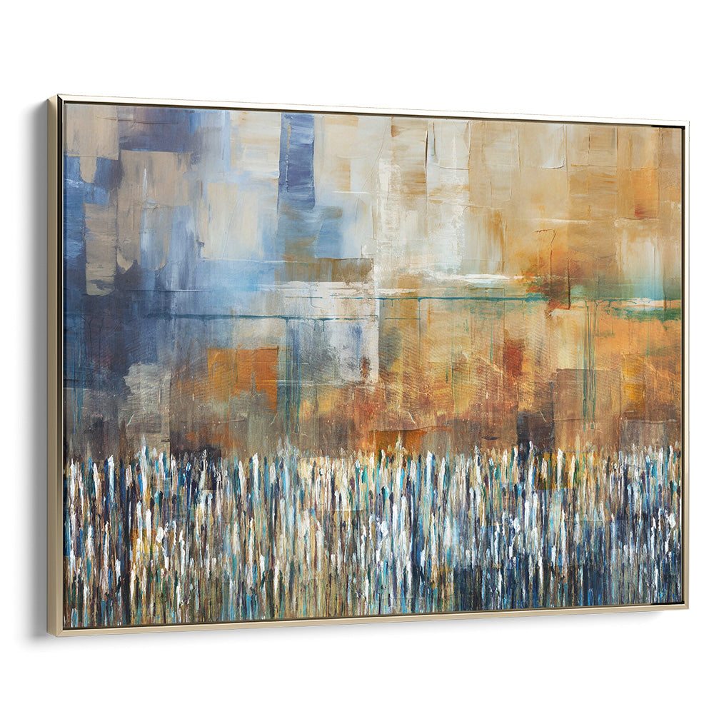 Earthy abstract art by Avigdor Ben-Ari, featuring Western Wall motif in gold frame. Jewish-themed home decor.