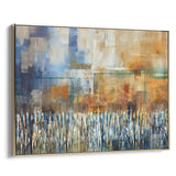 Earthy abstract art by Avigdor Ben-Ari, featuring Western Wall motif in gold frame. Jewish-themed home decor.