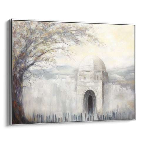 Contemporary Jewish artwork of Rachel's Tomb featuring detailed landscape, ideal for Hebrew wall decor and Judaica prints.