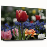 Vibrant close-up of a beautifully designed rolled canvas featuring colorful floral art, ideal for home decor, securely packaged in a protective cardboard tube.