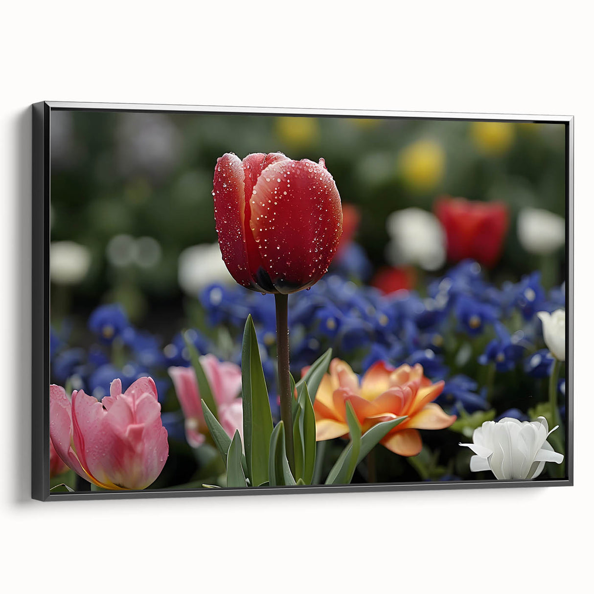 Vibrant floral canvas art print showcasing bright pink and yellow flowers against a serene blue background, ideal for home or office decor.