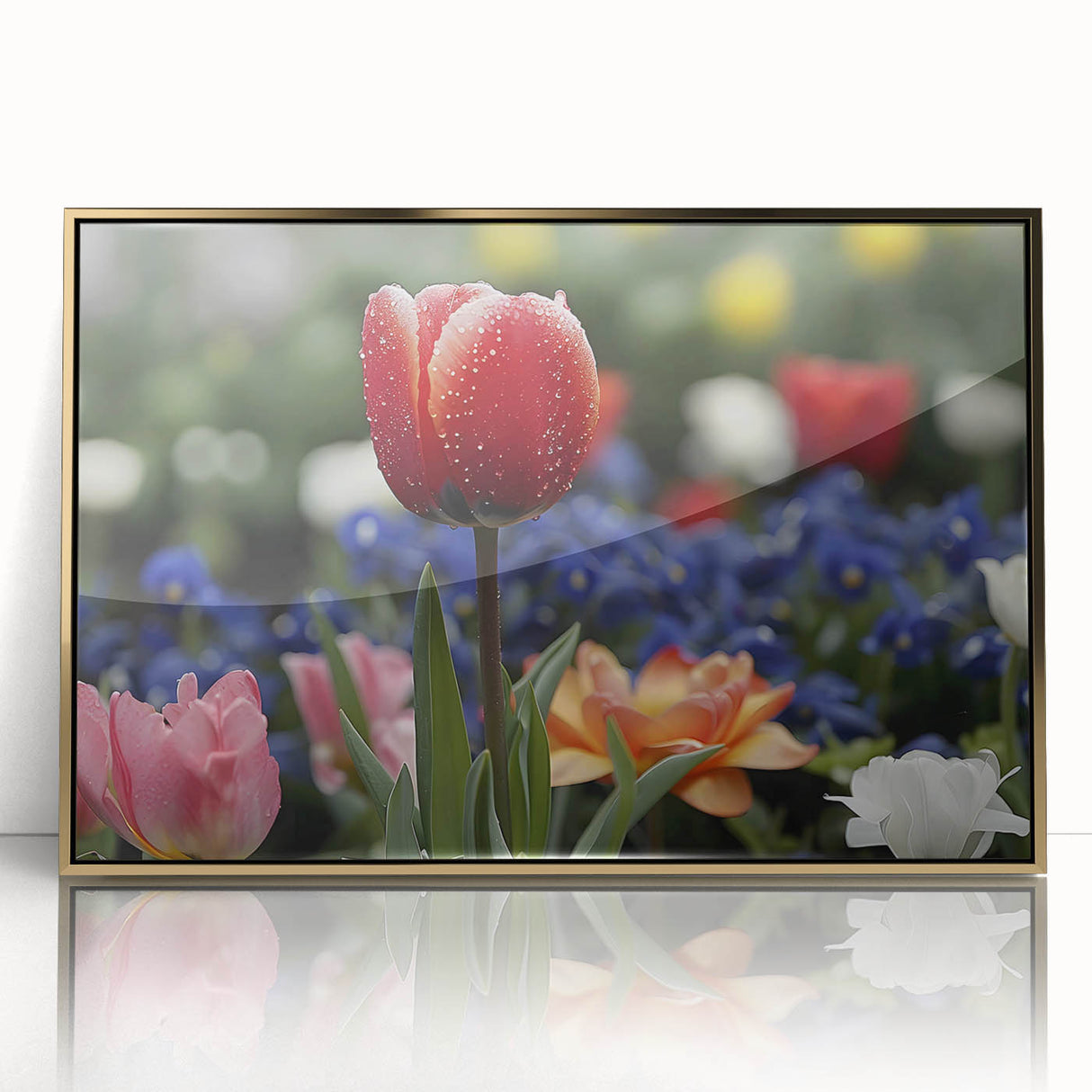 Vibrant floral canvas print showcasing a colorful arrangement of flowers in various hues of pink, yellow, and green, perfect for enhancing home decor. The artwork features intricate details and a soft, artistic style, adding a touch of nature to any interior space.