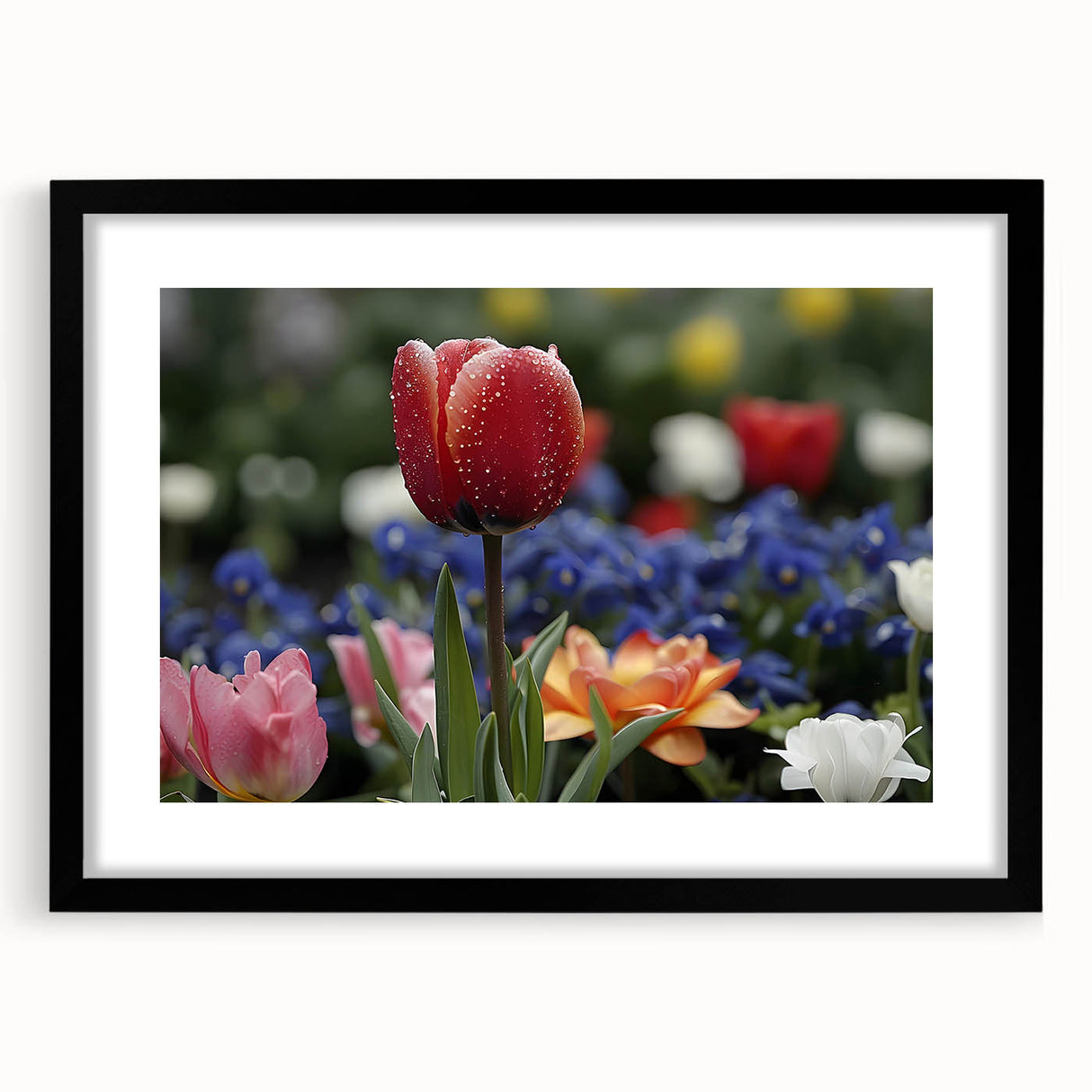 Vibrant floral canvas wall art showcasing a colorful array of blooming flowers in various shades, perfect for brightening up living spaces or offices.