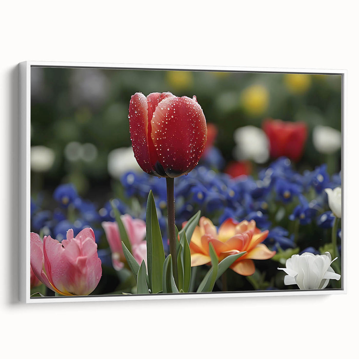 Vibrant floral canvas print showcasing a colorful bouquet of flowers in shades of pink, yellow, and blue, ideal for home decor or art enthusiasts.