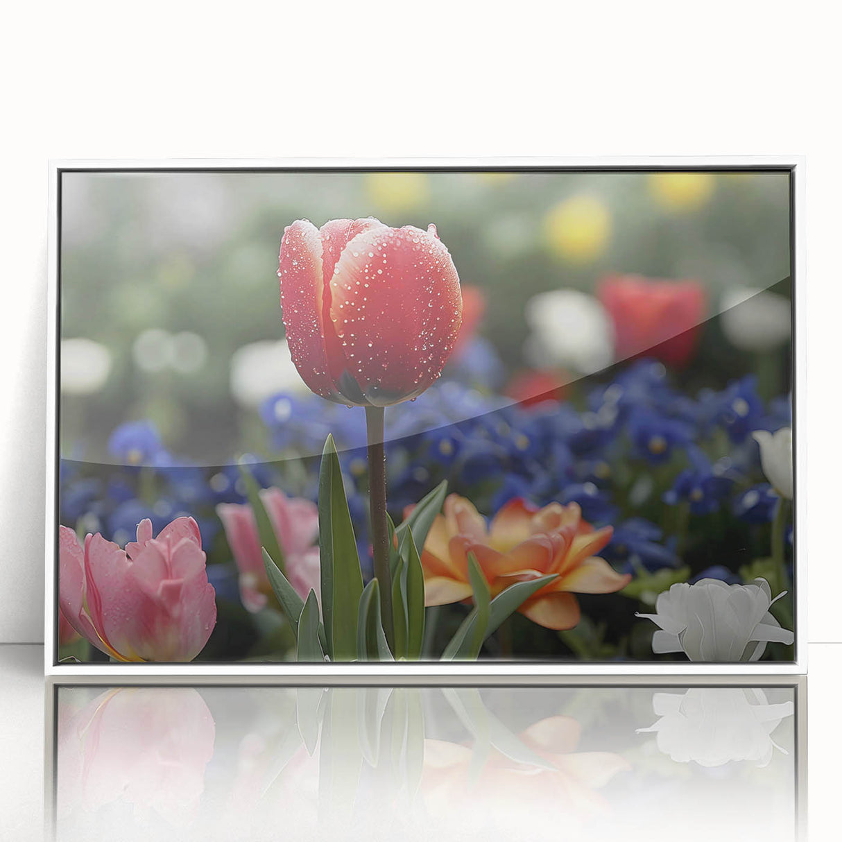 Vibrant floral canvas artwork showcasing a colorful bouquet of blooming flowers in shades of pink, yellow, and blue, perfect for home decor.