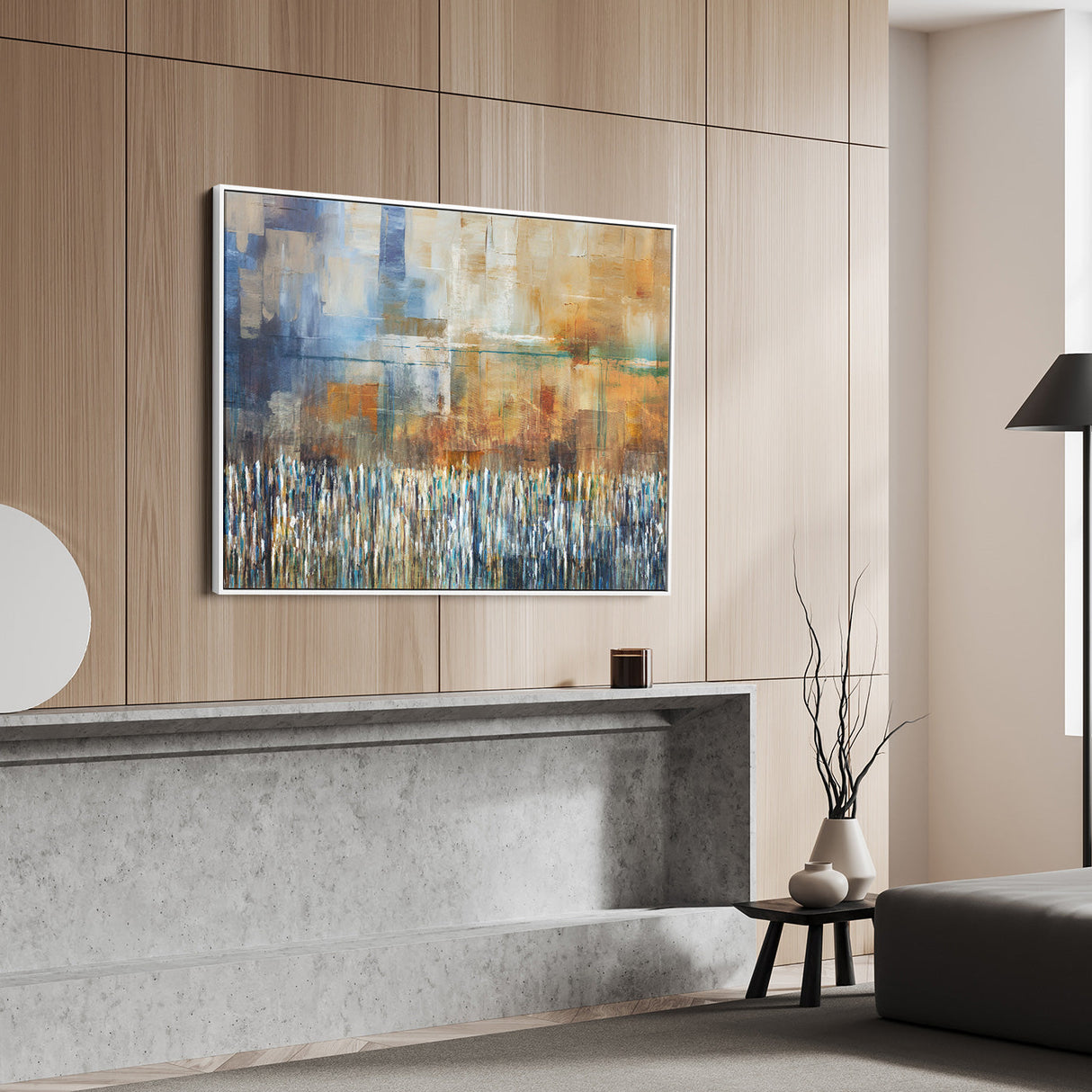 Earthy abstract art by Avigdor Ben-Ari, inspired by Western Wall, enhances Jewish-themed home decor.