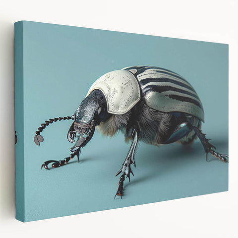 Close-up of a vibrant insect-themed canvas print showcasing intricate details and vivid colors, elegantly rolled and packaged in a protective cardboard tube for wall decoration.