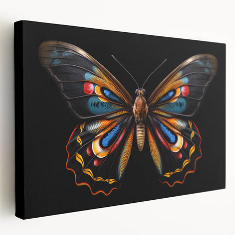 Detailed close-up of a vibrant insect artwork on canvas, showcasing intricate patterns and vivid colors, ideal for nature enthusiasts and art collectors.