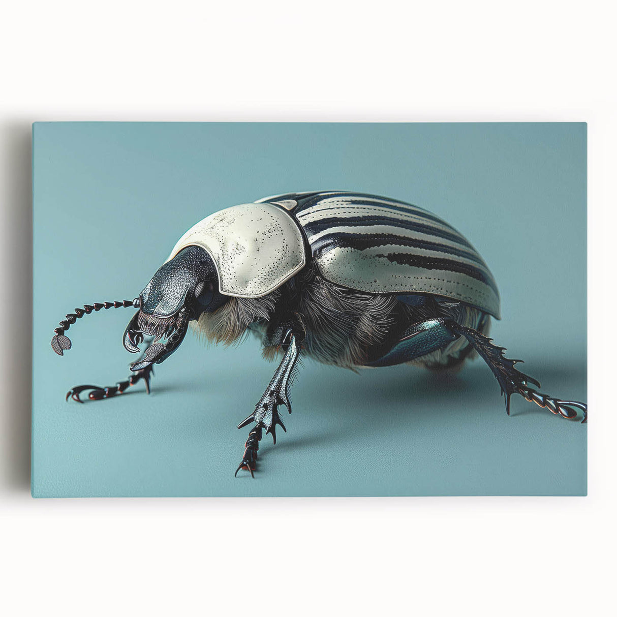 Close-up of a vibrant insect illustration on a textured canvas, showcasing intricate details and bright colors, ideal for nature-themed decor or educational use.