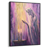 Contemporary Jewish art depicting candle lighting with purple and gold tones, perfect for Hebrew wall decor.