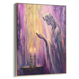 Contemporary Jewish artwork depicting candle lighting, featuring purple hues, gold accents, religious Judaica prints.