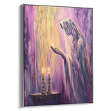Contemporary Jewish art print featuring Shabbat candle lighting with vibrant purple and gold hues.