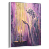 Contemporary Jewish artwork of woman lighting Shabbat candles, vibrant purple hues, religious Judaica wall decor.