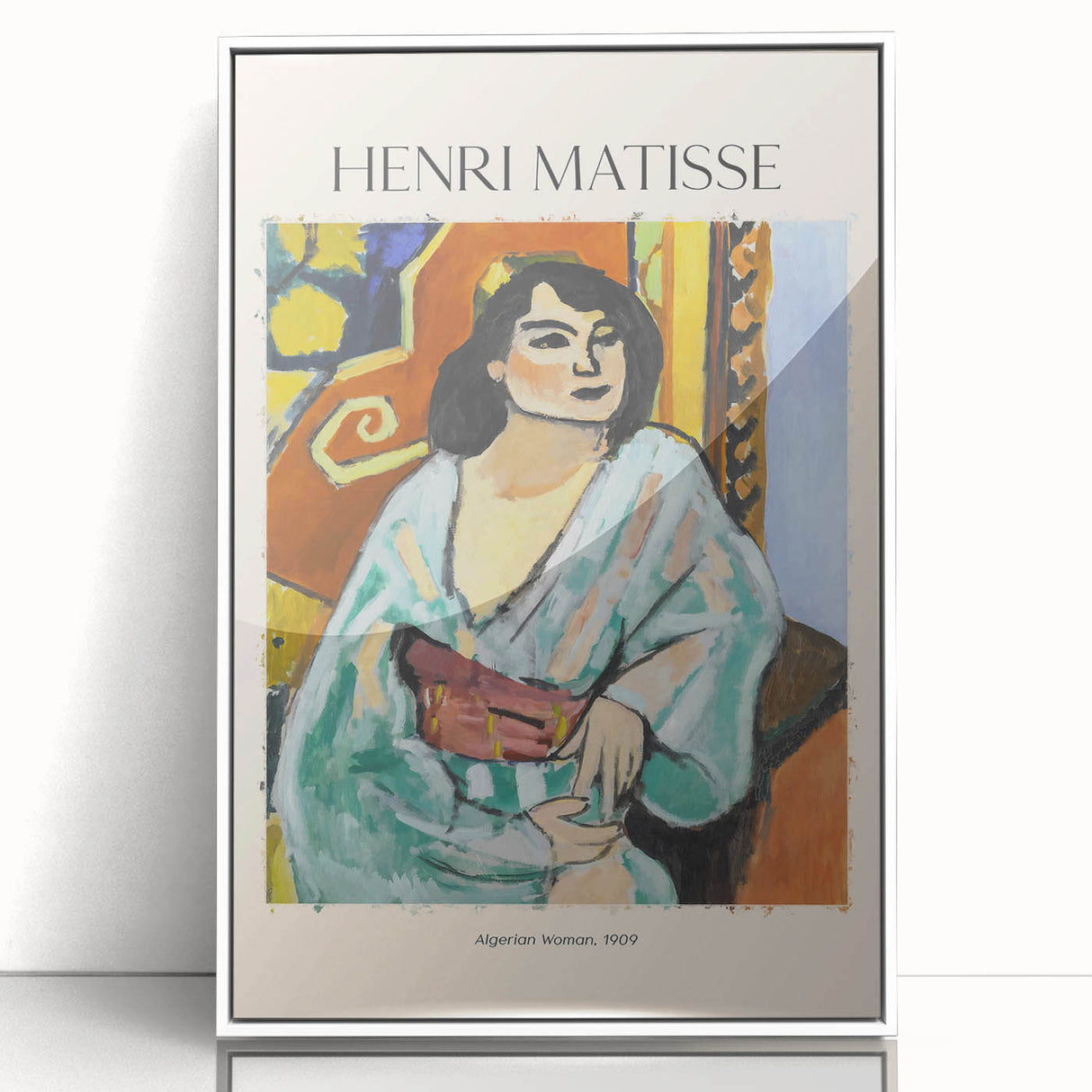 Large art print featuring a mid-century modernist style with geometric shapes in muted earth tones on canvas.